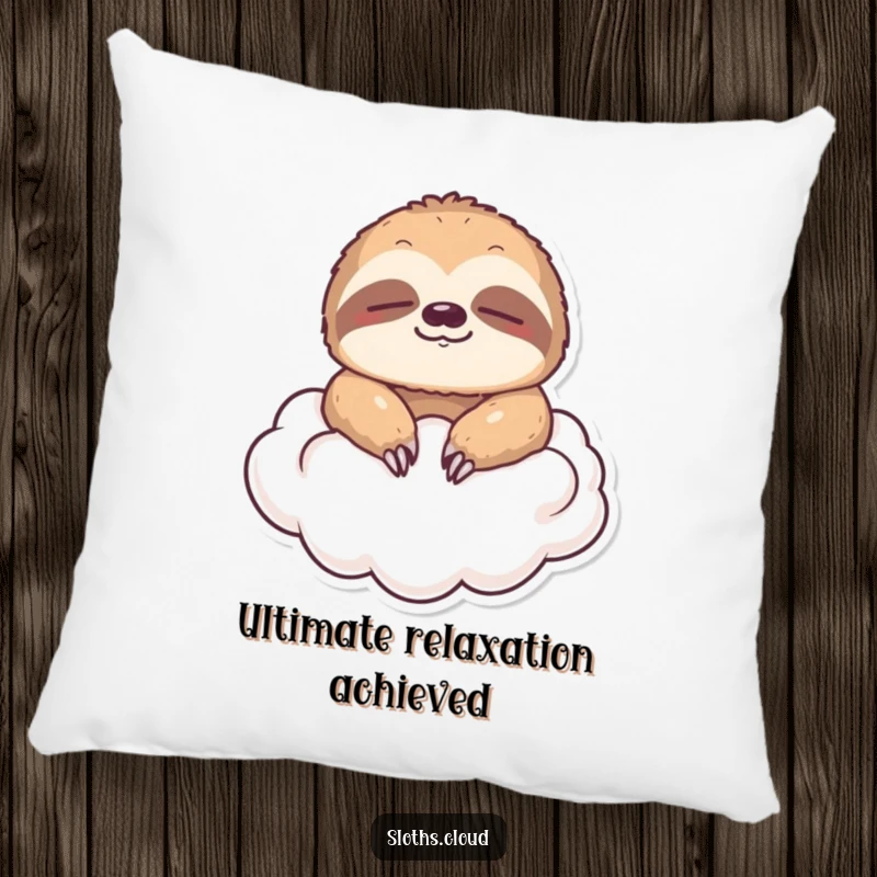 Funny pillow with a sloth floating on a cloud, eyes closed, offering comfort and a serene, humorous vibe.