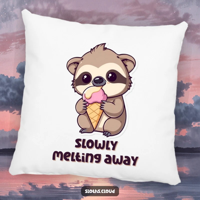 Funny kawaii sloth pillow, amused expression, melting ice cream, soft and huggable home decor.