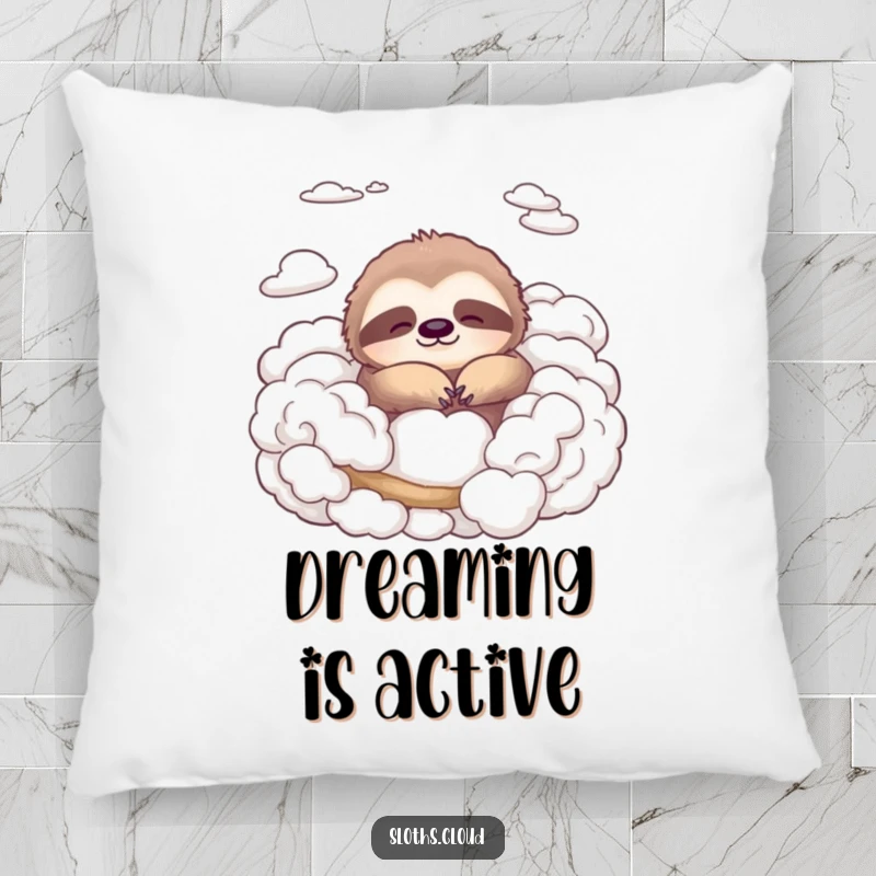 Funny pillow depicting a peaceful sloth nestled comfortably within dreamy, cotton-like clouds, offering a touch of serene humor to any room.