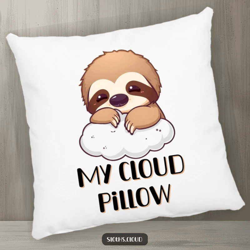 Funny decorative pillow with a sloth playfully nudging a fluffy cloud, adding a humorous and dreamlike element to sofas and beds.
