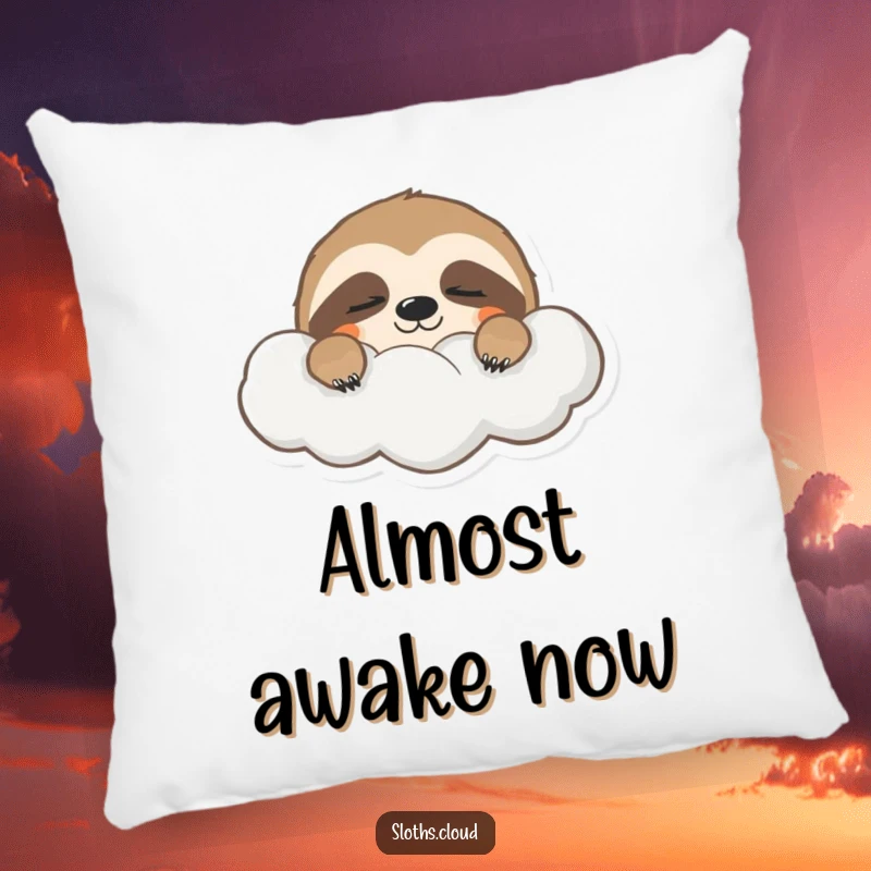 Funny pillow featuring a sleepy sloth peeking from behind a cloud, eyes half-closed, offering soft comfort and a sleepy vibe.