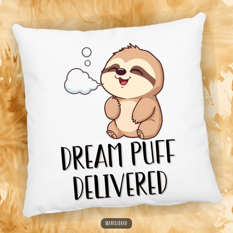 Funny Pillow featuring a joyful sloth blowing cloud-shaped air, providing comfort and a touch of lighthearted fun.