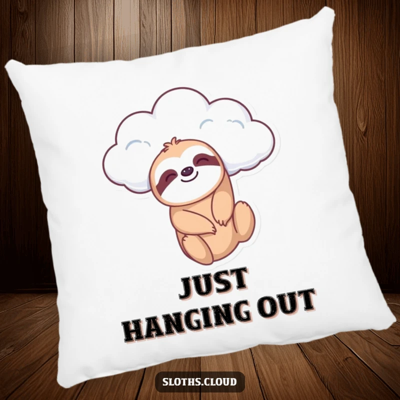 Funny pillow featuring a sloth dangling from a cloud, offering ultimate comfort and a peaceful, relaxed aesthetic for relaxation.