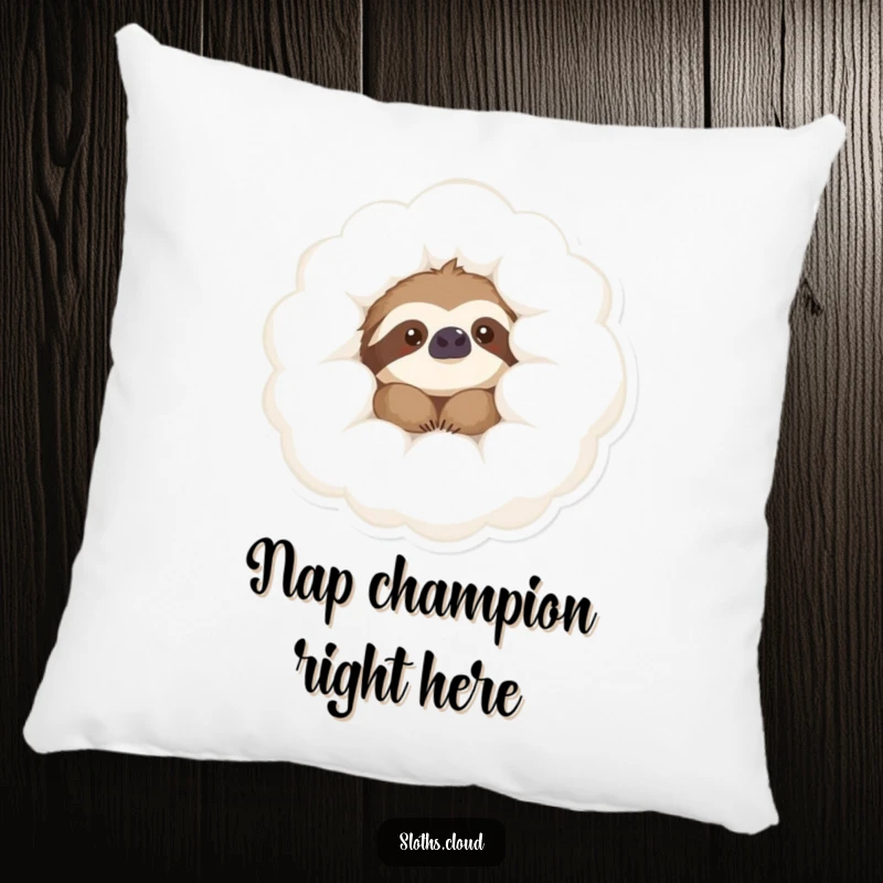 Funny Pillow featuring a content sloth peeking from a fluffy cloud, offering comfort and a humorous, relaxed vibe.