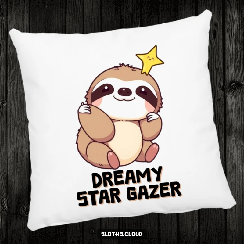 Funny pillow depicting a sloth reaching out to touch a sparkling star, offering comfort and a touch of dreamy inspiration.