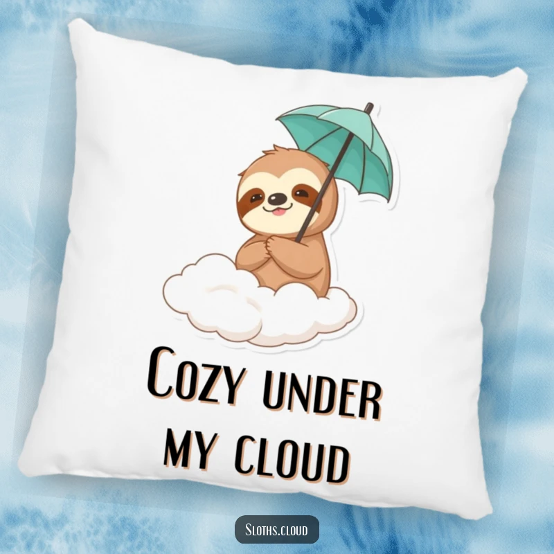 A funny sloth holding a tiny umbrella on a drifting cloud, depicted on a soft, comfortable throw pillow.