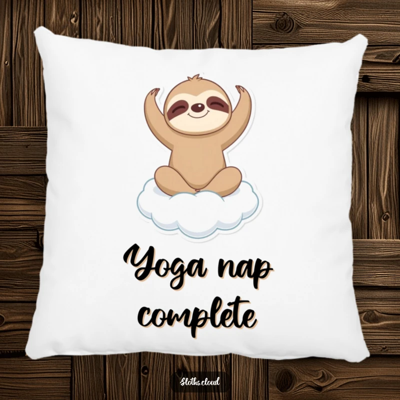 A funny sloth in a gentle yoga pose on a soft cloud, depicted on a soft, comfortable throw pillow.