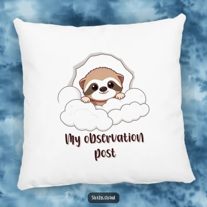 Funny pillow with a plush sloth peeking curiously from soft, fluffy clouds, designed for comfort and a touch of humor.