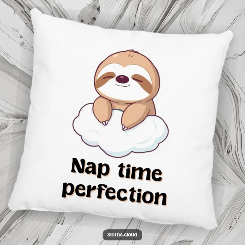 Funny pillow with a cute, serene sloth floating on a cloud, offering comfort and a touch of peaceful humor for home decor.