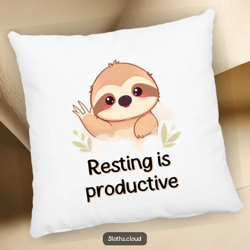 Funny sloth peeking shyly from behind thick fog, waving. Soft, humorous pillow for relaxation.