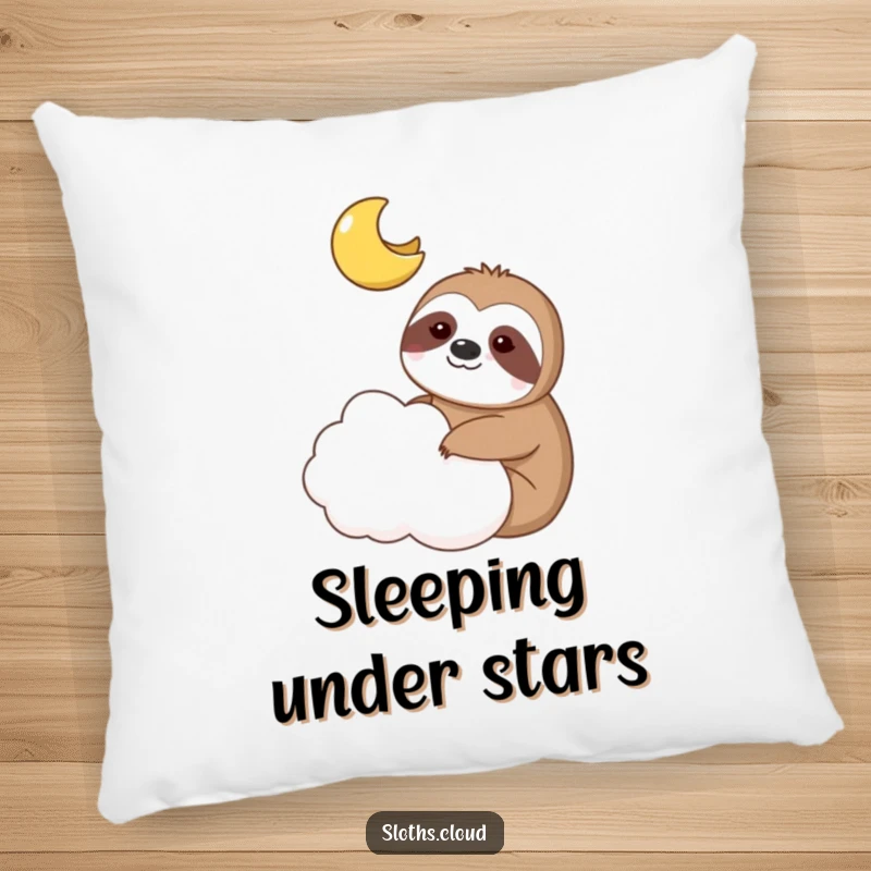 Funny pillow features a sloth and a smiling moon sharing a cloud, perfect for cozy comfort.