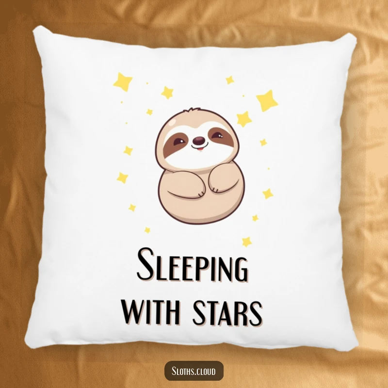 Funny kawaii sloth pillow with a cute sloth smiling serenely amongst twinkling stars, providing comfort and a sense of peaceful wonder.
