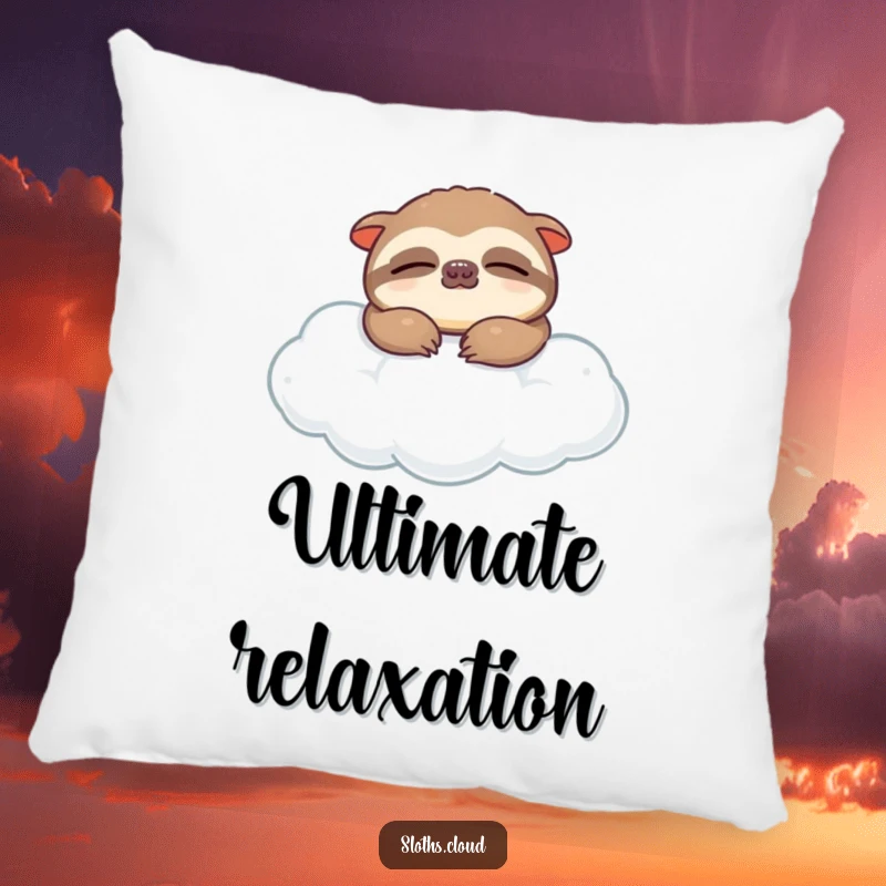 Funny pillow showcasing a content sloth fast asleep with closed eyes, resting on a soft, fluffy cloud, perfect for peaceful slumber.