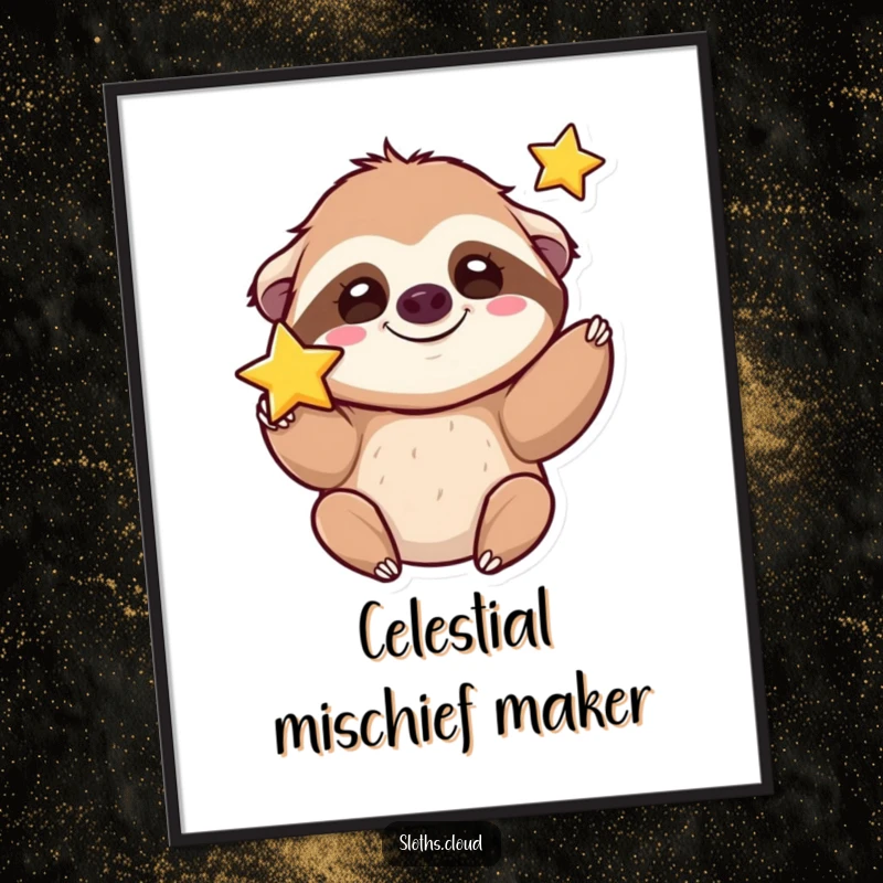 Funny kawaii sloth digital art print of a cute sloth with a silly grin tossing a shining star.