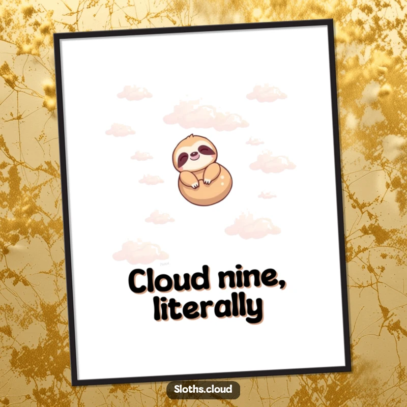 Funny digital art print of a serene sloth floating peacefully in a cloudy sky, ideal for humorous and calming home decor.
