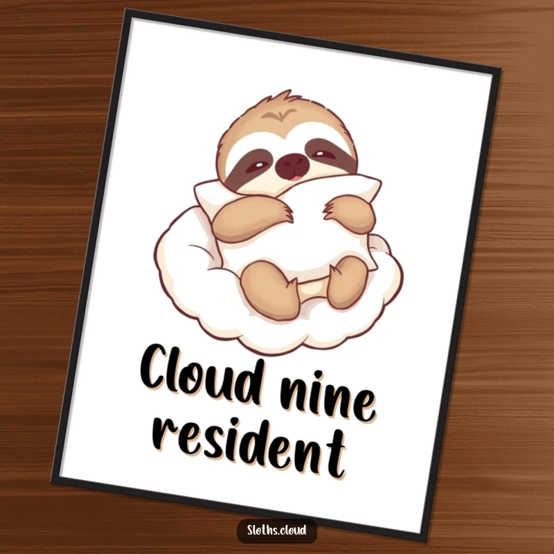 Funny digital art of a lazy sloth holding a pillow, drifting on a cloud, perfect for creating a calm digital space.