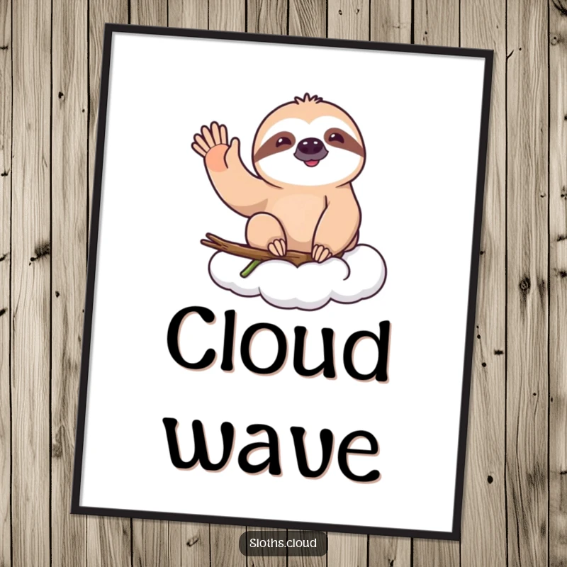Funny digital art print of a happy sloth on a cloud, giving a slow, cheerful wave, spreading happiness and gentle humor.