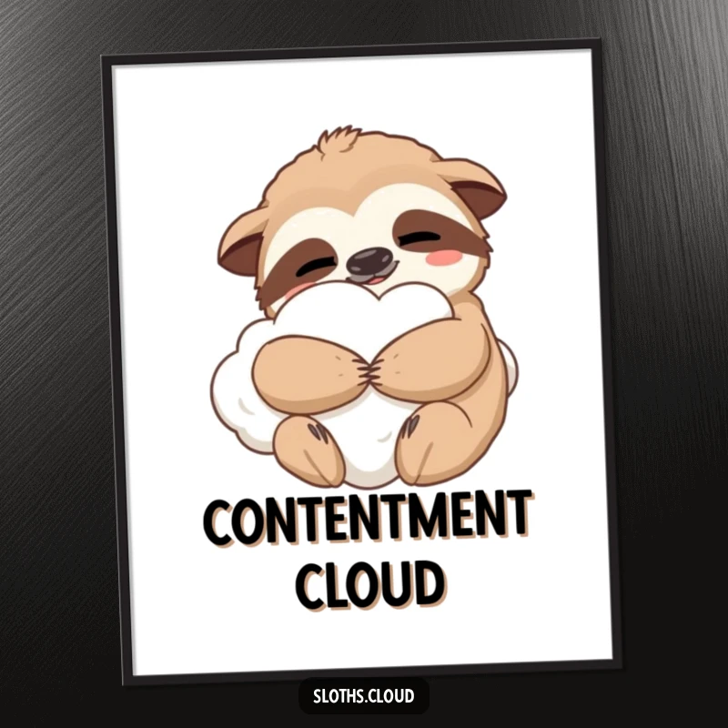 Funny digital art print of a contented sloth hugging a fluffy cloud, ideal for instant cozy decor and as a gift.
