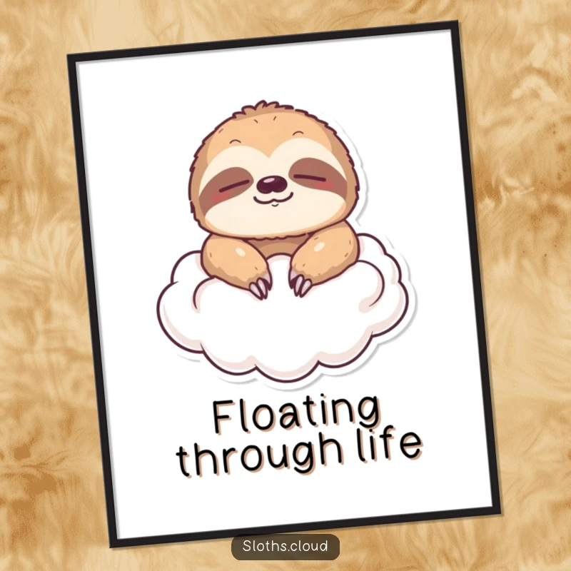 Funny digital art print of a sloth floating on a cloud with eyes closed, capturing serene and instant humor.