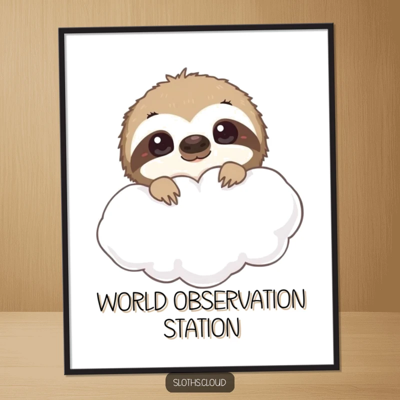 Funny sloth digital art print, curious eyes peeking from behind a cloud. Instant, humorous wall decor inviting playfulness and intrigue.