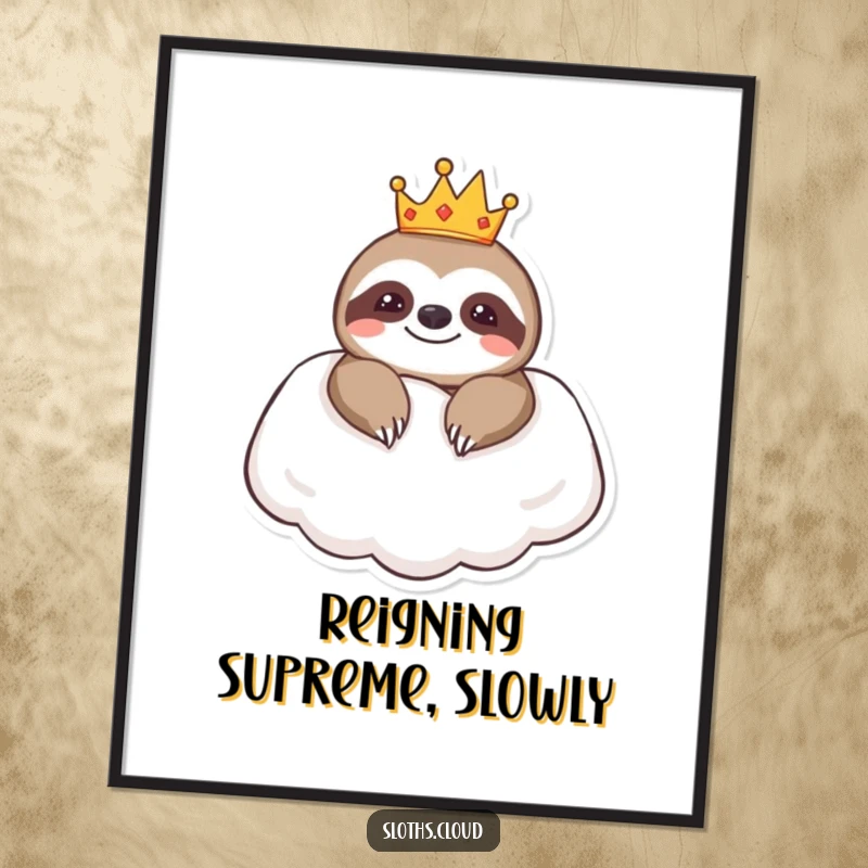 Funny digital art print of a sloth wearing a crown, resting on a cloud pillow, offering instant regal and humorous decor.