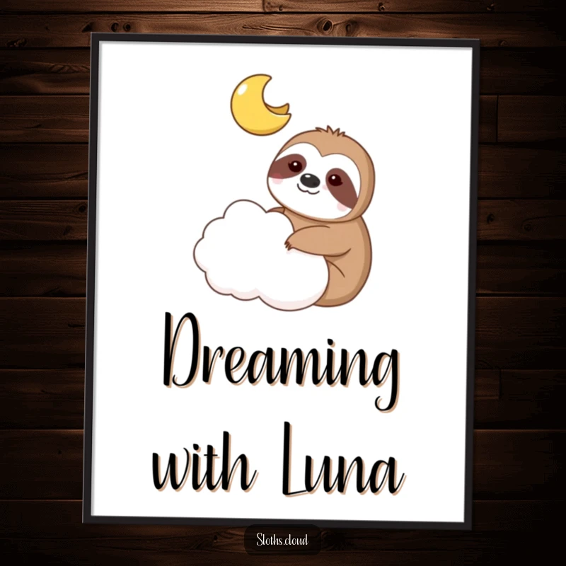 Funny digital art print of a sloth and a smiling moon sharing a cloud, for instant decor.