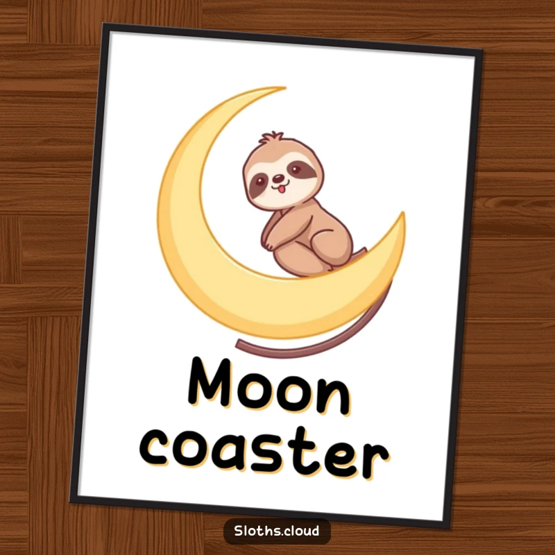 Funny digital art print of a sloth gently riding a crescent moon like a slow roller coaster, evoking cosmic wonder and gentle humor.
