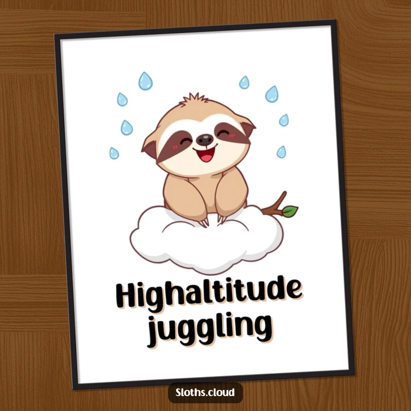 Funny digital art print featuring a cheerful sloth juggling miniature raindrops while perched on a cloud, radiating pure joy and whimsy.