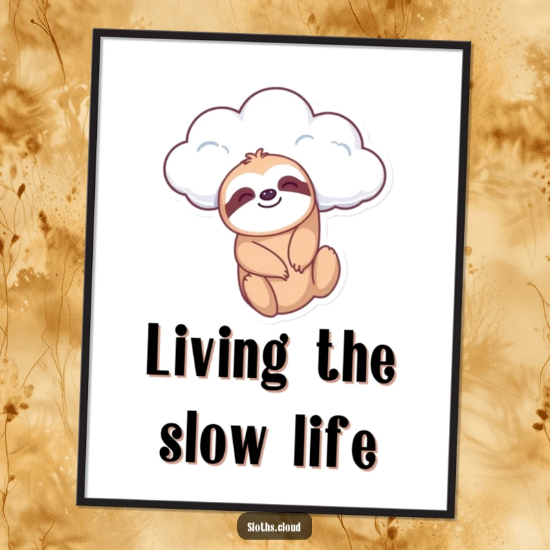 Funny digital art print of a sloth dangling from a cloud, offering instant relaxed decor and a serene, peaceful atmosphere.