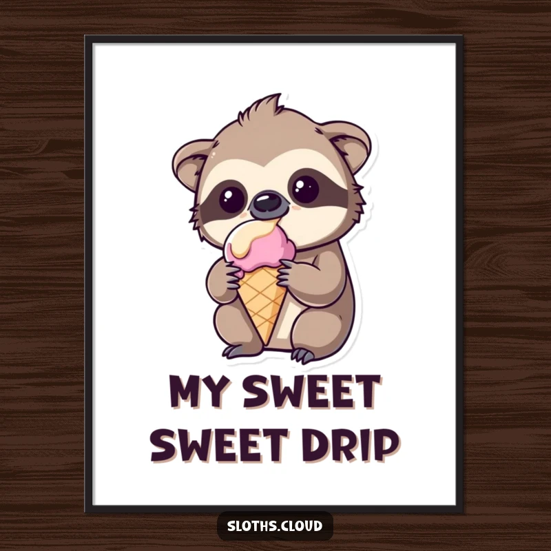 Funny kawaii sloth digital art print, amused expression, melting ice cream, instant humorous wall decor download.