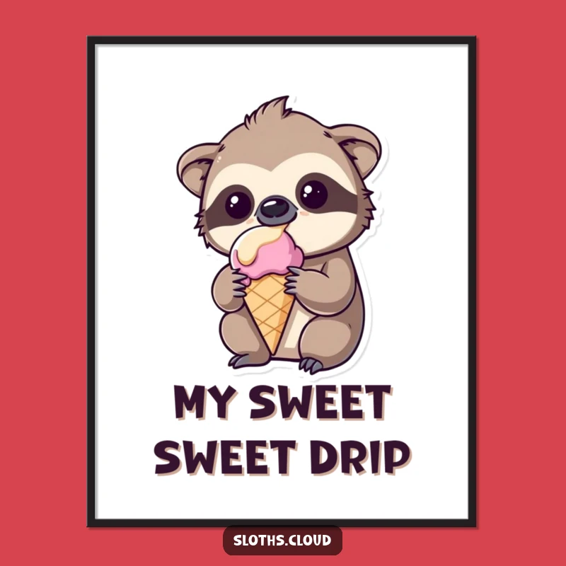Funny Kawaii Sloth Digital Art: Amused Sloth Ice Cream Print for Walls