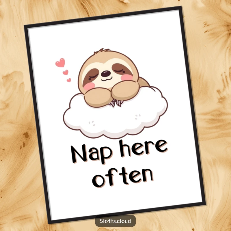 Funny kawaii sloth digital art print of a sloth blissfully napping on a cloud, perfect for adding instant calm and peaceful decor.