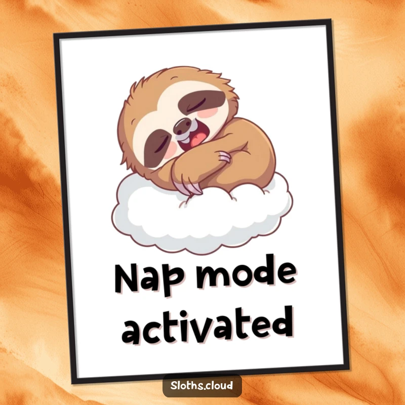 Funny digital art print of a yawning sloth napping on a cloud, perfect for creating a humorous and relaxing atmosphere.