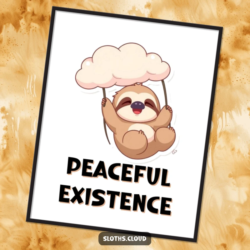Digital art print of a funny sloth gently swinging from a cloud with a contented sigh, full of relaxation and humor.