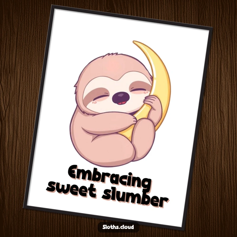 Funny digital art print of a sloth hugging a crescent moon, offering instant peaceful decor and a serene, dreamy atmosphere.