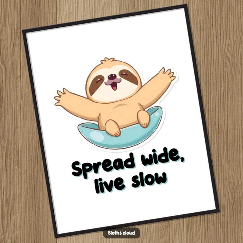 Funny digital art print of a sloth with arms spread wide, leisurely floating, ideal for humorous and cheerful home decor.
