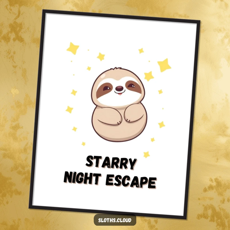 Funny kawaii sloth digital art print of a sloth smiling serenely amongst twinkling stars, perfect for adding instant calm and dreamy decor.