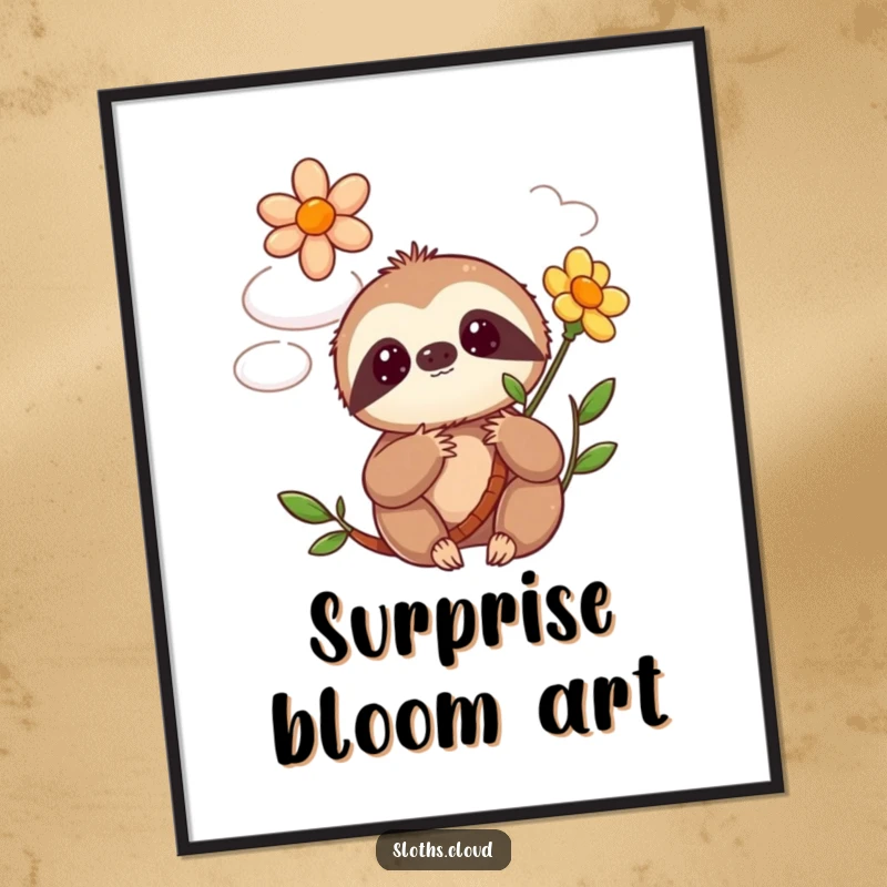 Funny kawaii sloth digital art showing a cute sloth’s wide-eyed surprise as a flower magically blooms from a fluffy cloud.