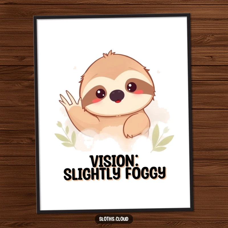 Funny sloth peeking shyly from behind thick fog, waving. Instant download humorous digital art print.