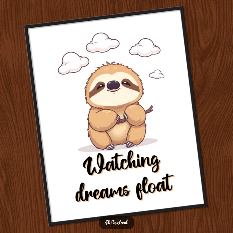 Funny digital art print of a sloth with a gentle smile, watching clouds drift by, ideal for humorous and tranquil home decor.