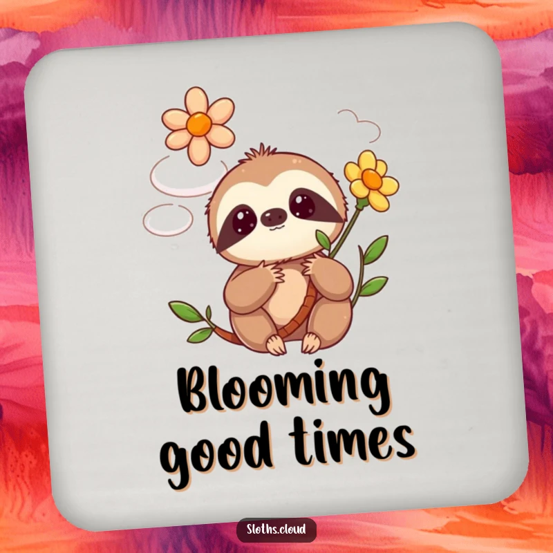 Funny kawaii sloth coaster featuring a cute sloth looking surprised as a flower blooms from a whimsical cloud, protecting surfaces.