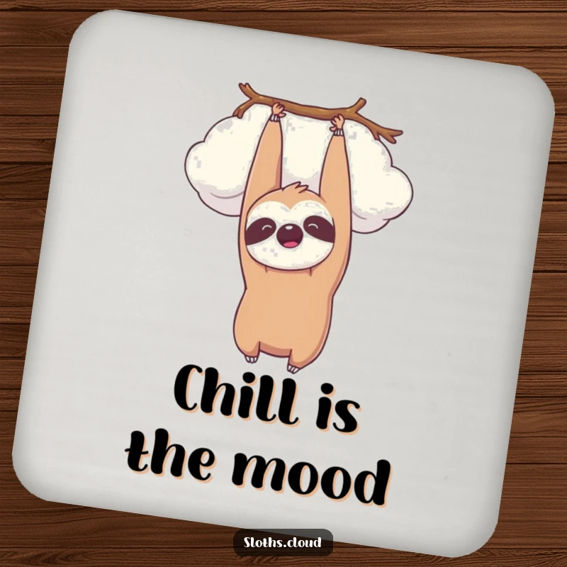 Funny kawaii sloth hanging upside down from a cloud, smiling peacefully. Humorous drink coaster.