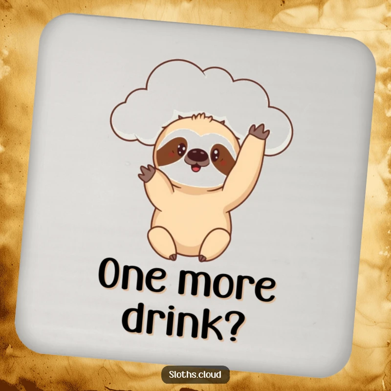 Funny drink coaster depicting a sloth reaching a paw from a cloud with a curious expression, adding playful humor and protection.