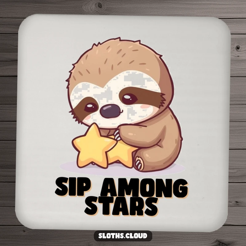 Funny drink coaster with a sloth gently petting a star, great funny gift for tables.