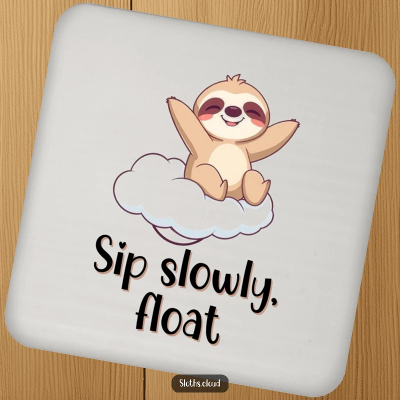Funny Coaster: A sloth bounces playfully on a springy cloud with a blissful expression, adding humorous surface protection.