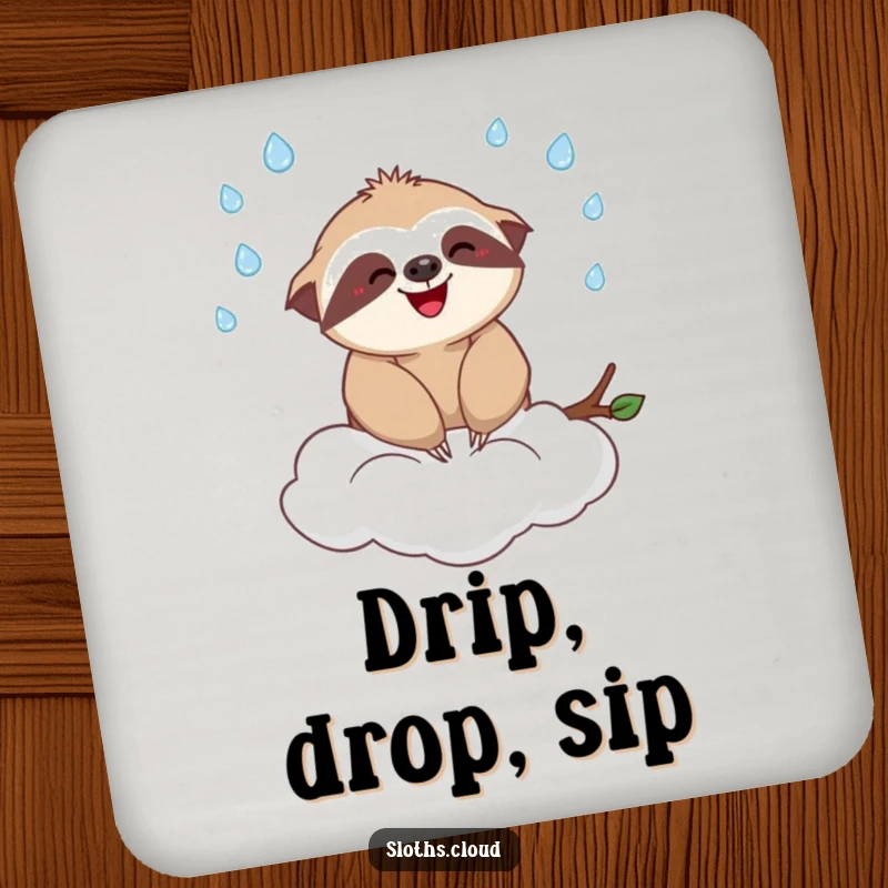 Funny coaster depicting a happy sloth joyfully juggling tiny raindrops while seated on a fluffy cloud, protecting surfaces with charm.