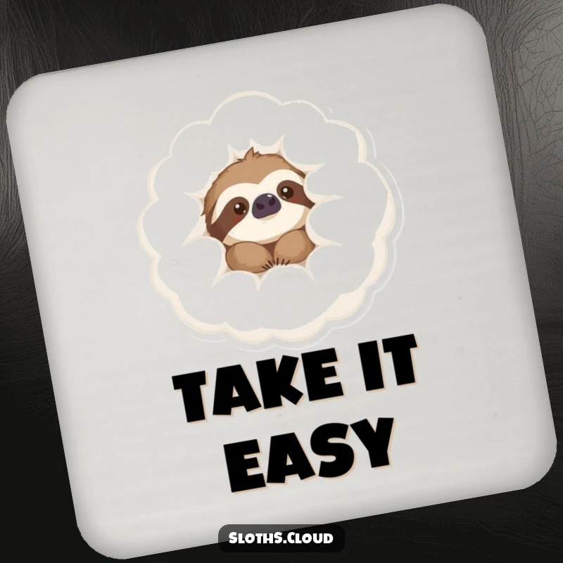 Funny Coaster with a content sloth peeking from a soft cloud, adding a touch of humorous protection to tables.