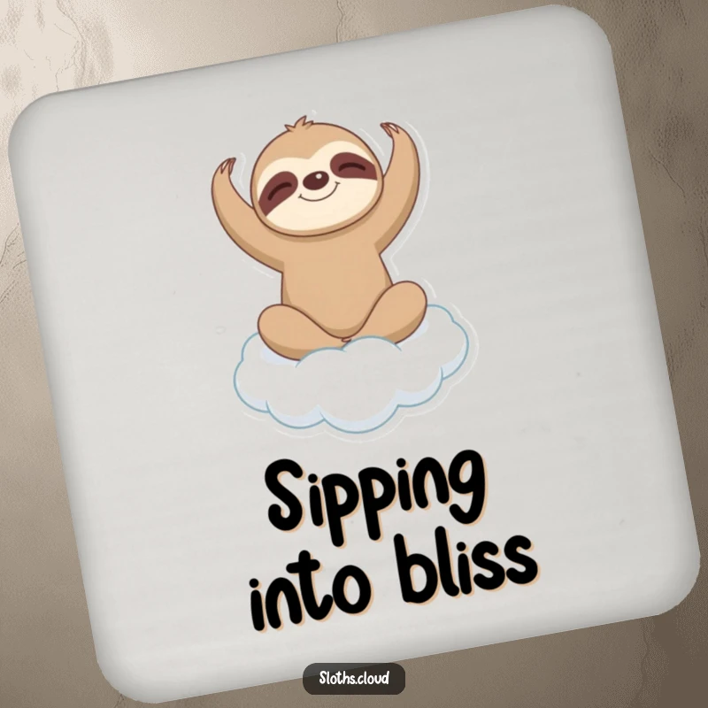 Funny sloth character in a gentle yoga pose on a soft cloud, depicted on a drink coaster.
