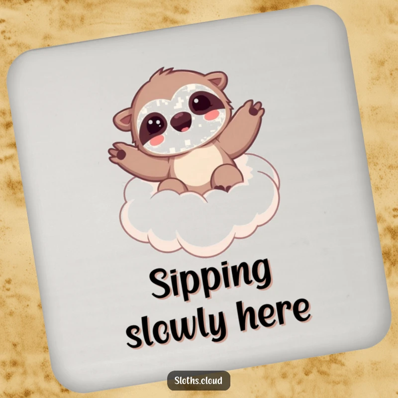 Funny drink coaster featuring a kawaii sloth waving from a cloud, adding a touch of peaceful humor and cuteness to tabletops.