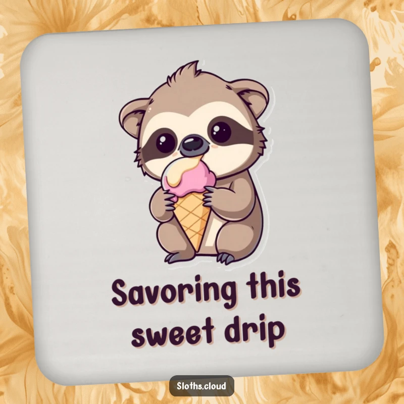 Funny kawaii sloth drink coaster, amused by melting ice cream, protects surfaces with humor, cute and practical.